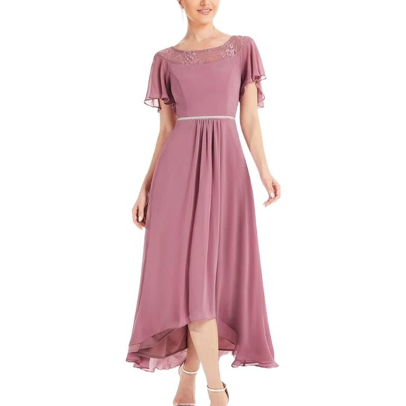 Ever-Pretty Women's A-line Short Sleeve High Low Lace Chiffon Midi Dress… - Picture 1 of 8